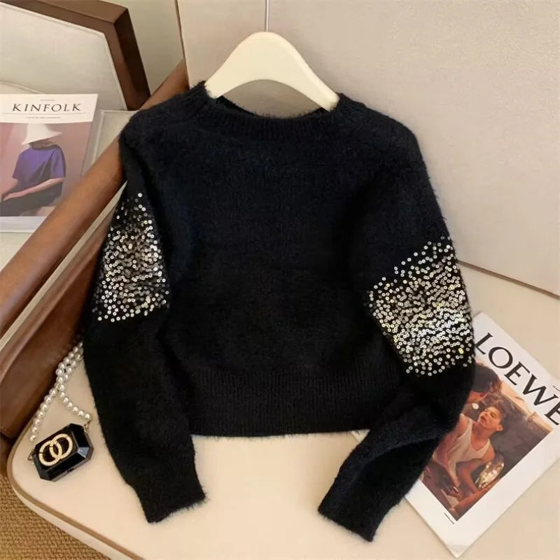 Women's Long Sleeve O-Neck Knit Pullover, Chic Sequin Sweater, Korean Fashion, Casual Street Top, Short, Autumn, Winter