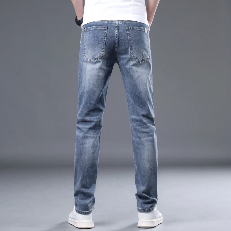 2024 summer new thin section jeans men's elastic Slim straight loose casual versatile pants men's blue light business pants