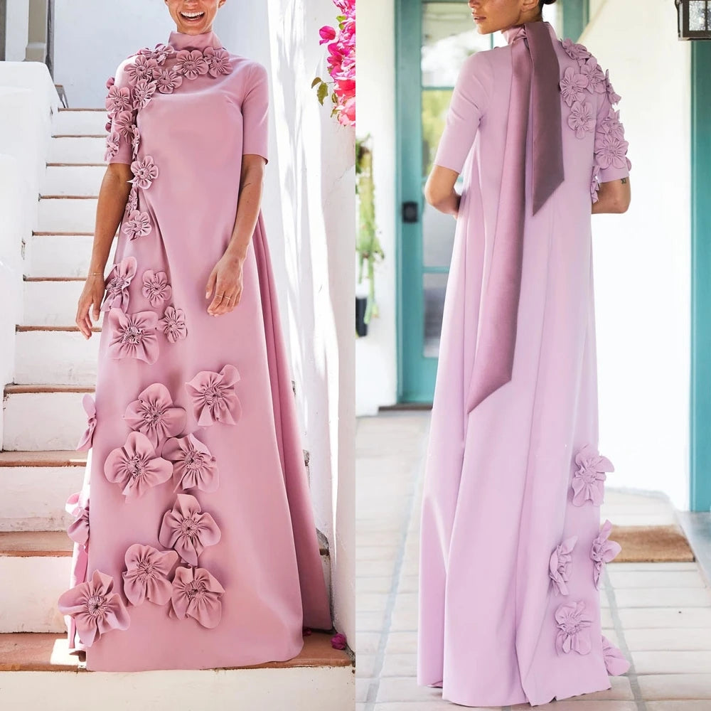 Satin Flower Cocktail Party A-line High Collar Bespoke Occasion  Floor Length