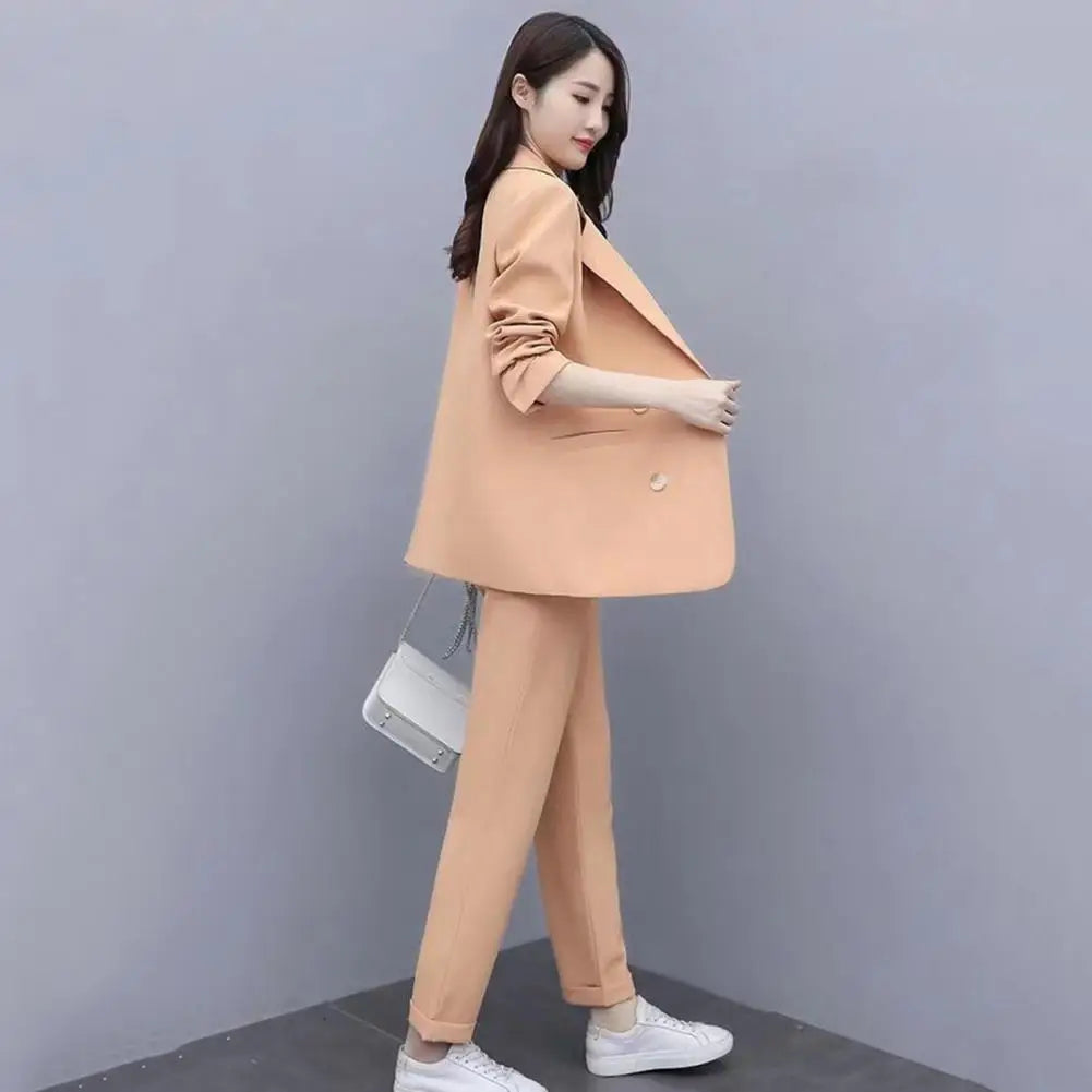 Women Spring Coat Elegant Women's Business Suit Set with Double-breasted Coat High Waist Pants for Formal Office Wear Commute