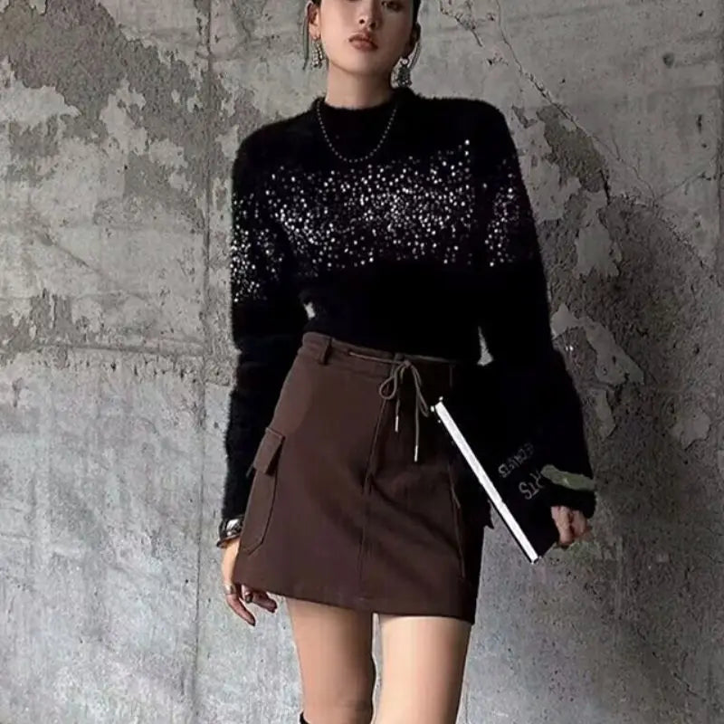 Women's Long Sleeve O-Neck Knit Pullover, Chic Sequin Sweater, Korean Fashion, Casual Street Top, Short, Autumn, Winter