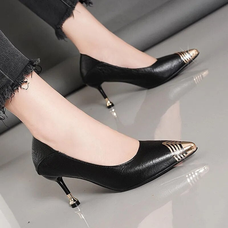 Pointed Toe Soft Leather Shallow Mouth Stilettos High Heels For Women Spring Autumn All-match Black Ladies Office Dress Shoes