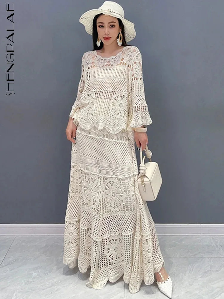 مجموعة أروين التجارية ARWEN & AJH GROUPNew Lace Set With Hollow Top Swing Long Skirt 2 Piece Set Fashionable Elegant Lady 2024 Spring Summer Clothes