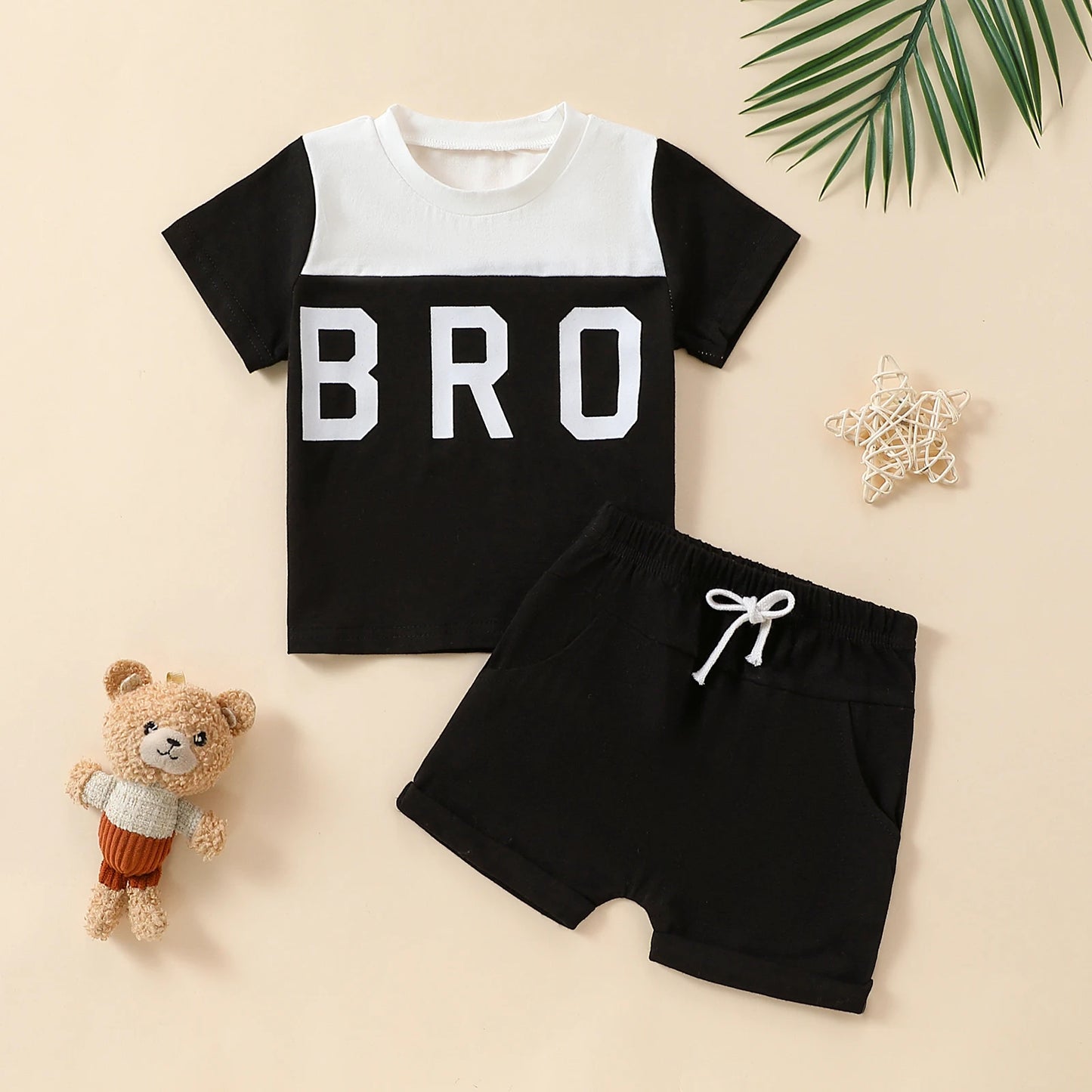 مجموعة اروين التجارية ARWEN&AJH GROUP  2024 European Spring and Summer Festival Infant Boys Casual Sports Suit BRO Printed Short Sleeve Drawstring Shorts Two Piece Set