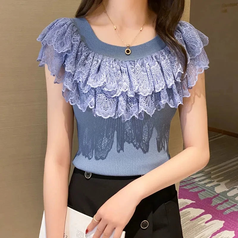 مجموعة أروين التجارية ARWEN & AJH GROUP Casual Lace Knitted Tops T-shirts Women 2024 Fashion Elastic White Black Purple Top Sexy Ladies  مجموعة أروين التجارية ARWEN & AJH GROUPT Shirts korean Clothes