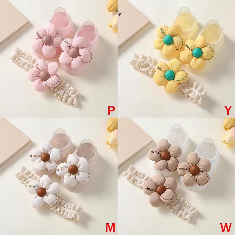 2 Pcs/Set Baby Girls Headband Socks Set Newborn Girls Cute Flowers Toddler Princess Sock Autumn Infant Hair Accessories