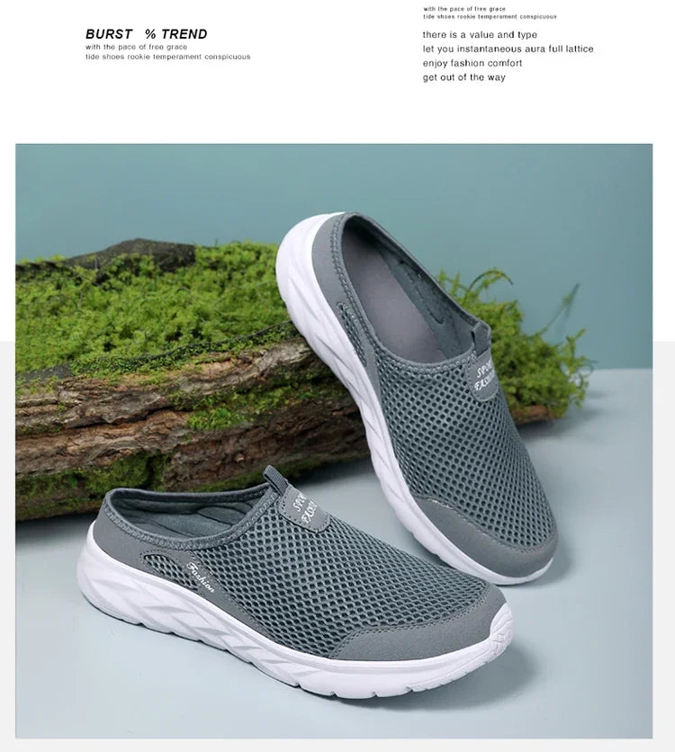 YRZL Men Half Slipper New Style Lat-soled Wild Flat-bottomed Summer Breathable Mesh Thin Section Baotou Slippers Man