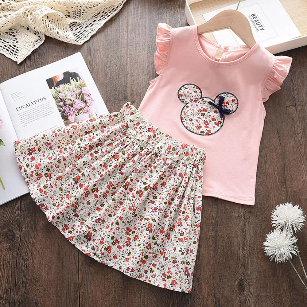 Bear Leader Summer 2Pcs Girls Clothes Sets Floral Cartoon Kids Ruffle Sleeve Top and Skirt Outfits Casual Girls Boutique Outfits