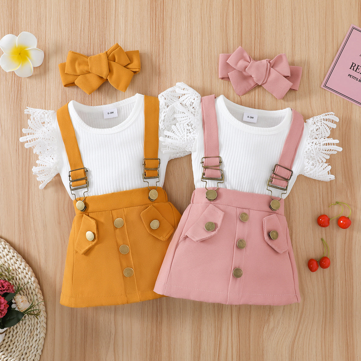 PatPat 3pcs Baby Girl Lace Flutter-sleeve Ribbed Romper and Suspender Skirt with Headband Set