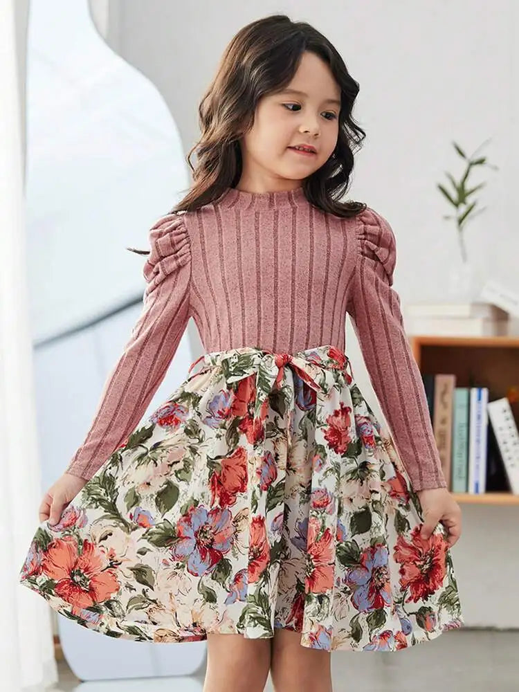 Autumn new girls floral print puffs sleeve east with fashion casual dress