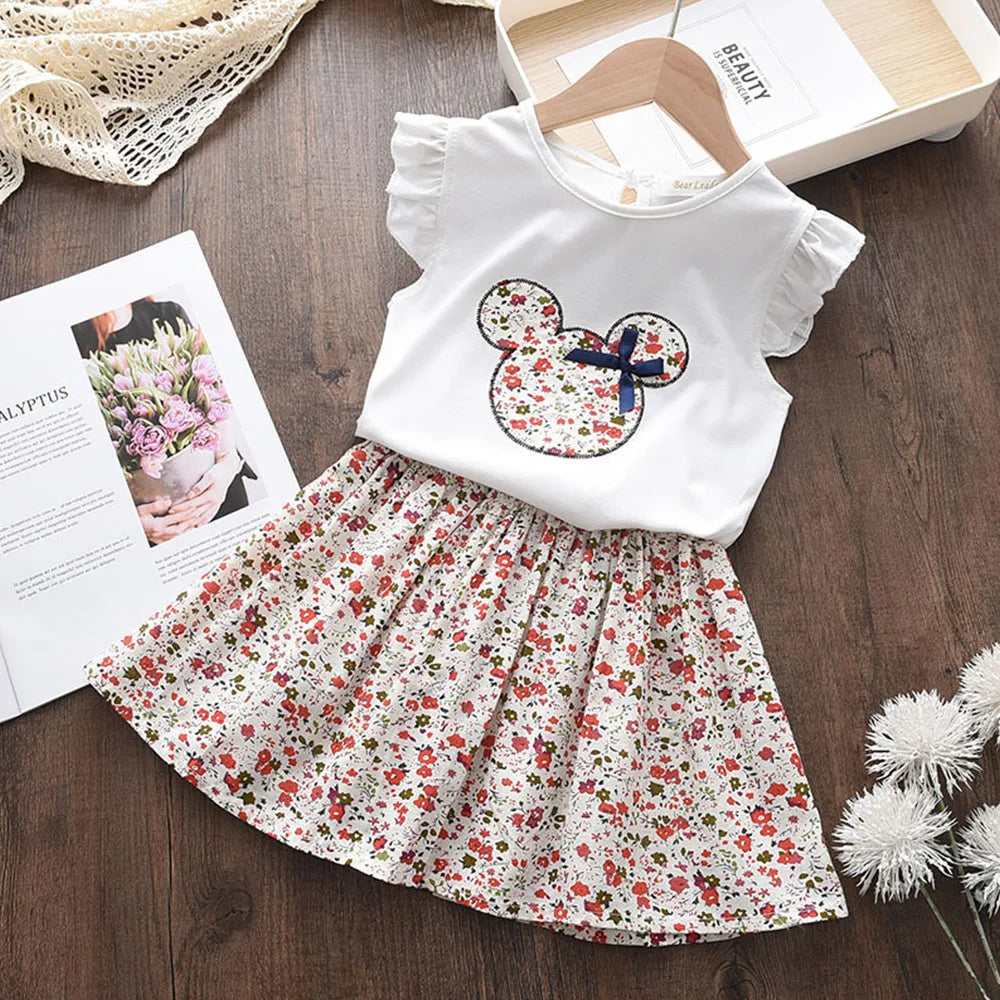 Bear Leader Summer 2Pcs Girls Clothes Sets Floral Cartoon Kids Ruffle Sleeve Top and Skirt Outfits Casual Girls Boutique Outfits