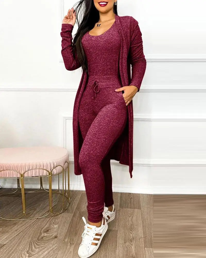 Drawstring Pocket Design Jumpsuit & Coat Set Solid Color Women Autumn Lace Up Long Top Slim Fit Pencil Pants Fashion