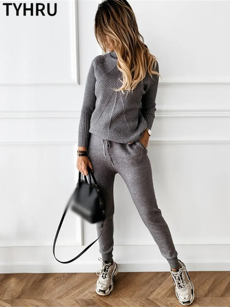 Autumn Winter Women's tracksuit Solid Color Striped Turtleneck Sweater and Elastic Trousers Suits Knitted Two Piece Set