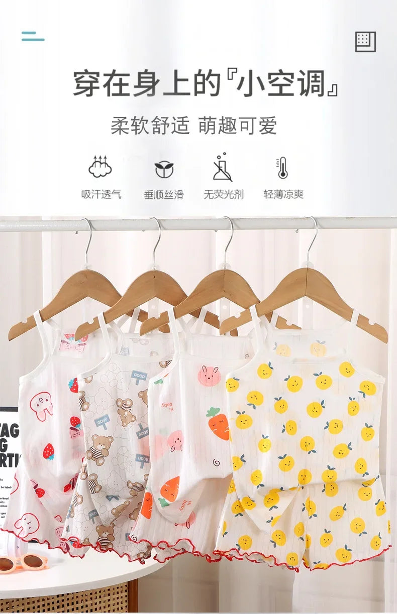 2024 New Kids Tops+shorts Set Summer Thin Baby Cotton Vest Sleeveless Loungewear Set for Girls Suit