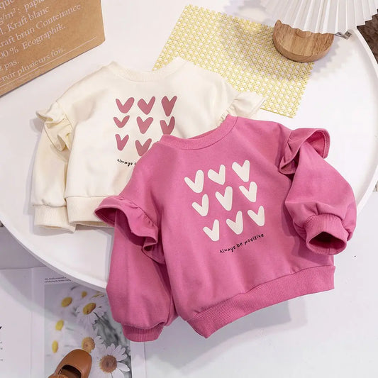 Cute Baby Girls Tops Sweatshirt Love Pattern Ruffles Long Sleeve O-Neck Pullover Kids Shirts Casual Loose Hoody Children Clothes