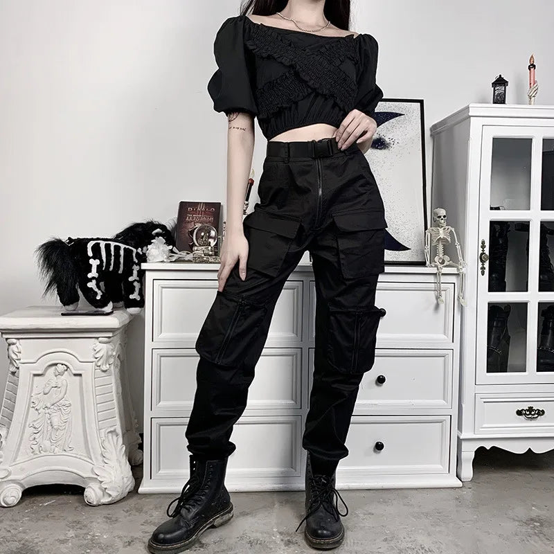 مجموعة اروين arwen&ajh group 2024  Joggers Ribbons Pants Black cargo slacks high waist sports pants Streetwear Hip Hop Casual Overalls Trousers Cool Safari Style