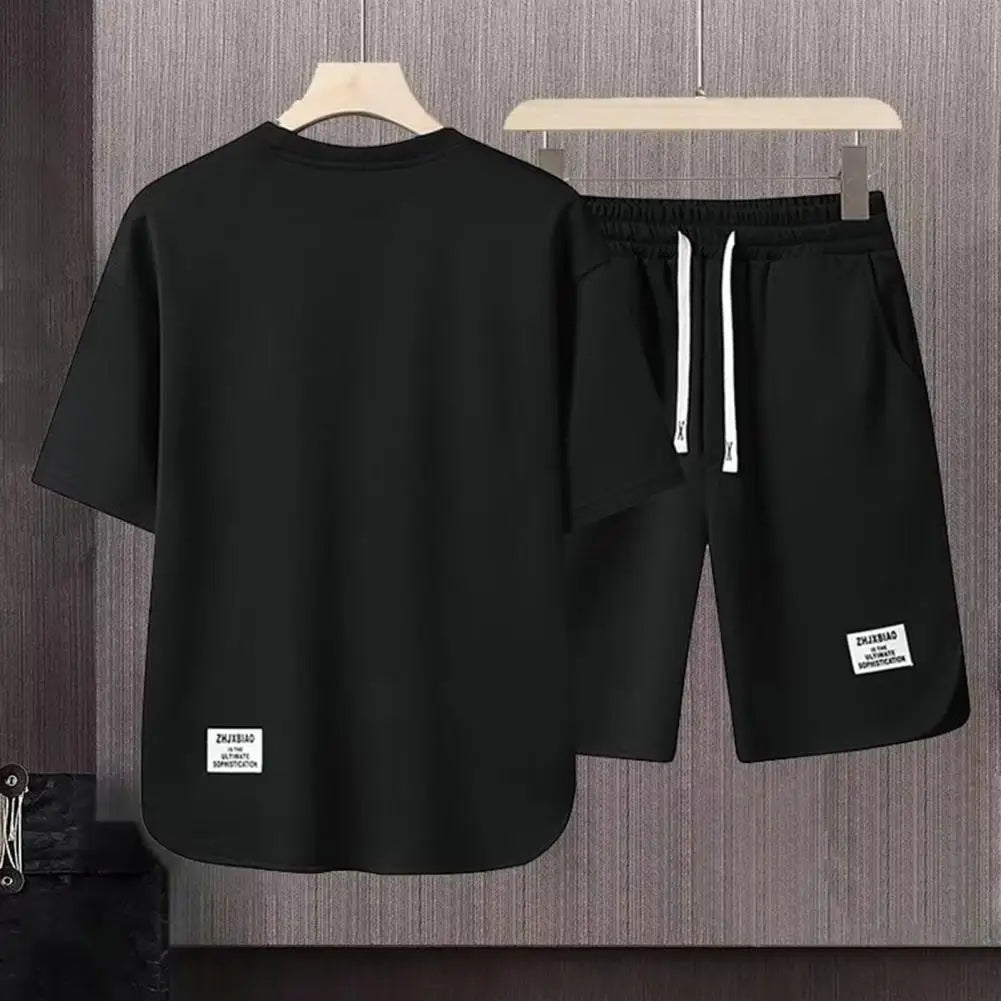 2Pcs/Set Men Summer Casual Outfit Short Sleeve T-shirt Elastic Drawstring Waist Wide Leg Shorts Set Activewear Set 남자 운동복 세트