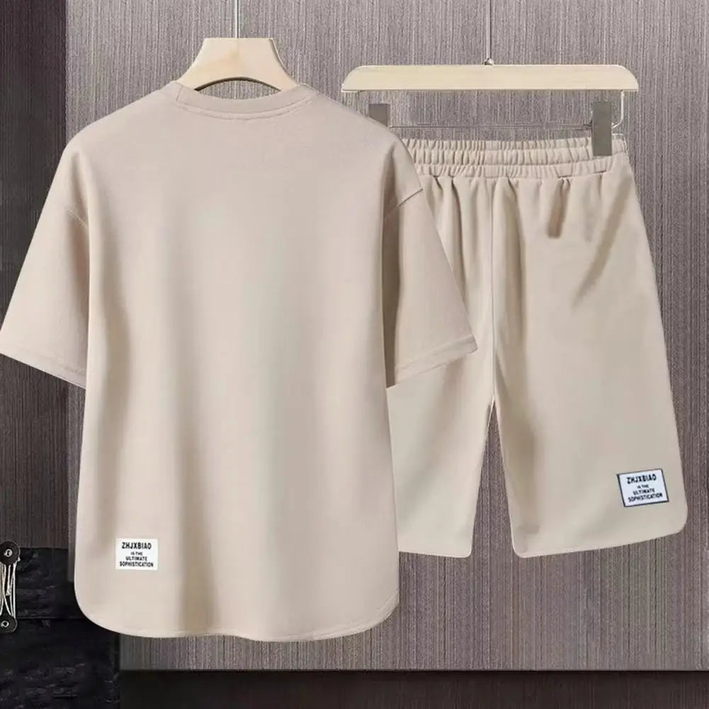 2Pcs/Set Men Summer Casual Outfit Short Sleeve T-shirt Elastic Drawstring Waist Wide Leg Shorts Set Activewear Set 남자 운동복 세트