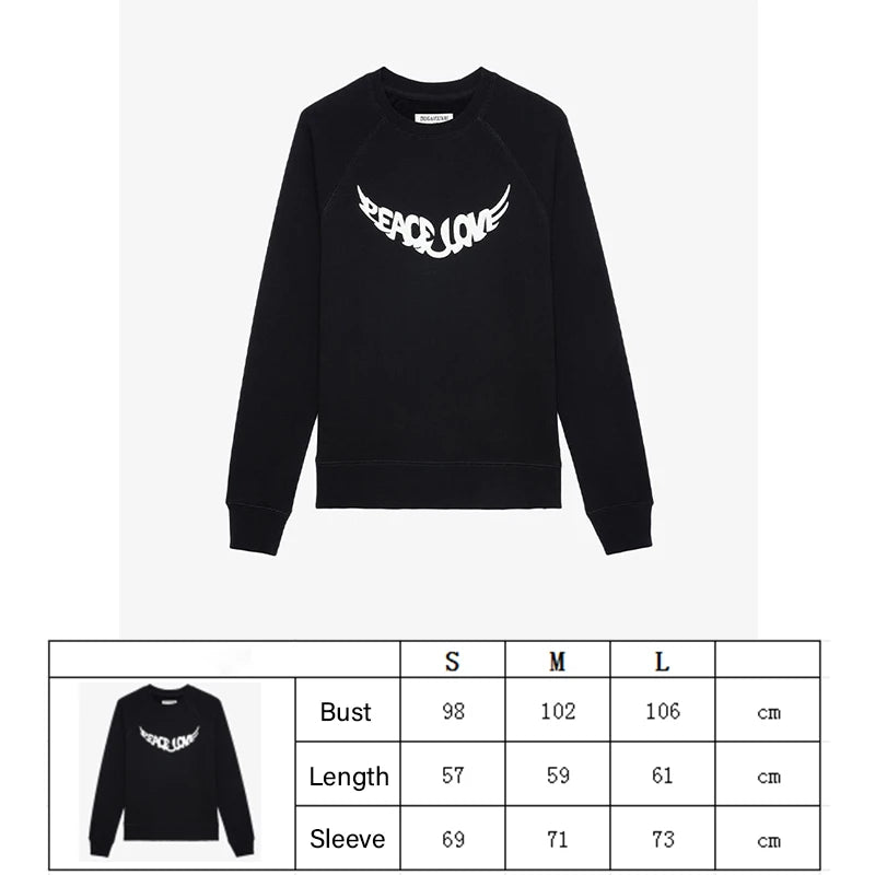 Zadig Women Sweatshirt Casual Black Chic Peace Love Wings Print Pullover Tops Female Cotton Long Sleeve Classic Sweatshirts