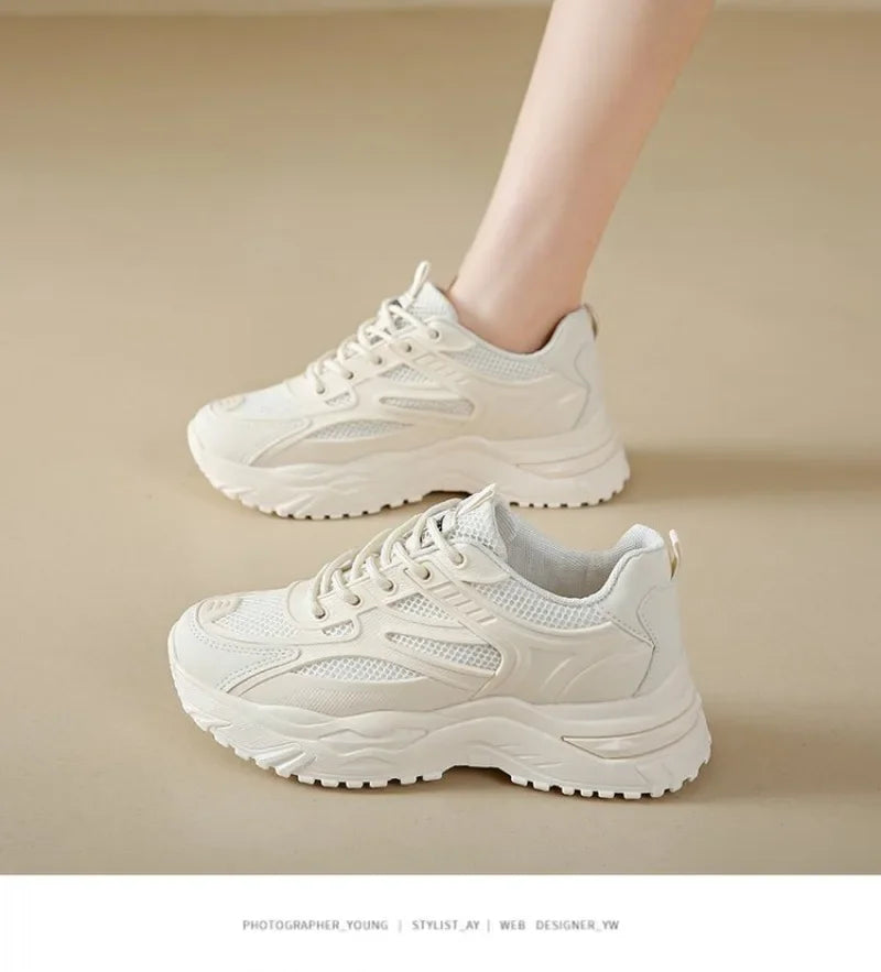 White Sneakers Women 2024 New Leather Chunky Sneakers Women's Sports Shoes Thick Tennis Vulcanized Shoes Basket Platform Shoes