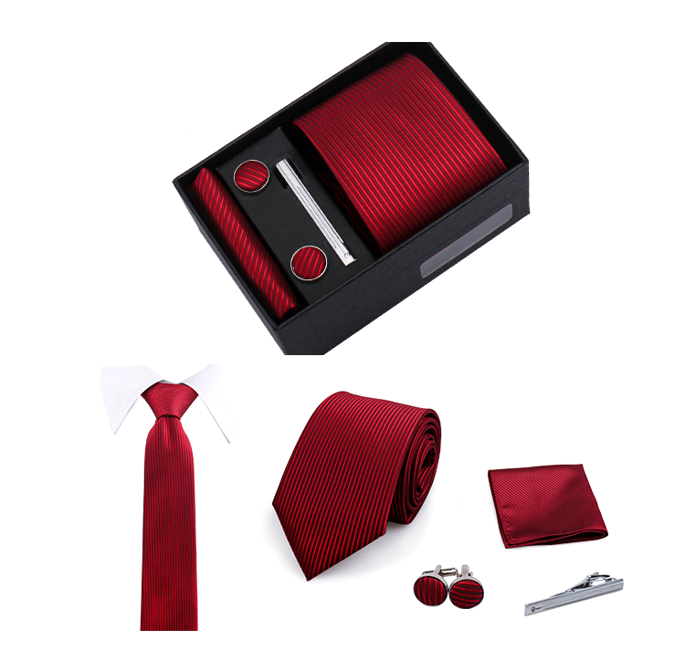 Fashion Elegant Men's Necktie Gift Box Striped Tie Handchief Cufflink Tie Clip 4 pcs Set Wedding Business Party Suit Accessories