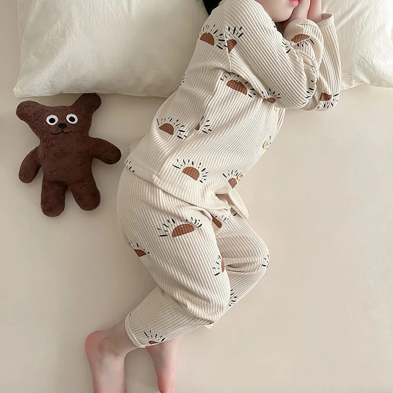 Baby Pajamas Set Loungewear Sleepwear for Kids Long Sleeve Boy Girl Breathable Cotton Waffer Top and Bottom Children's Clothes