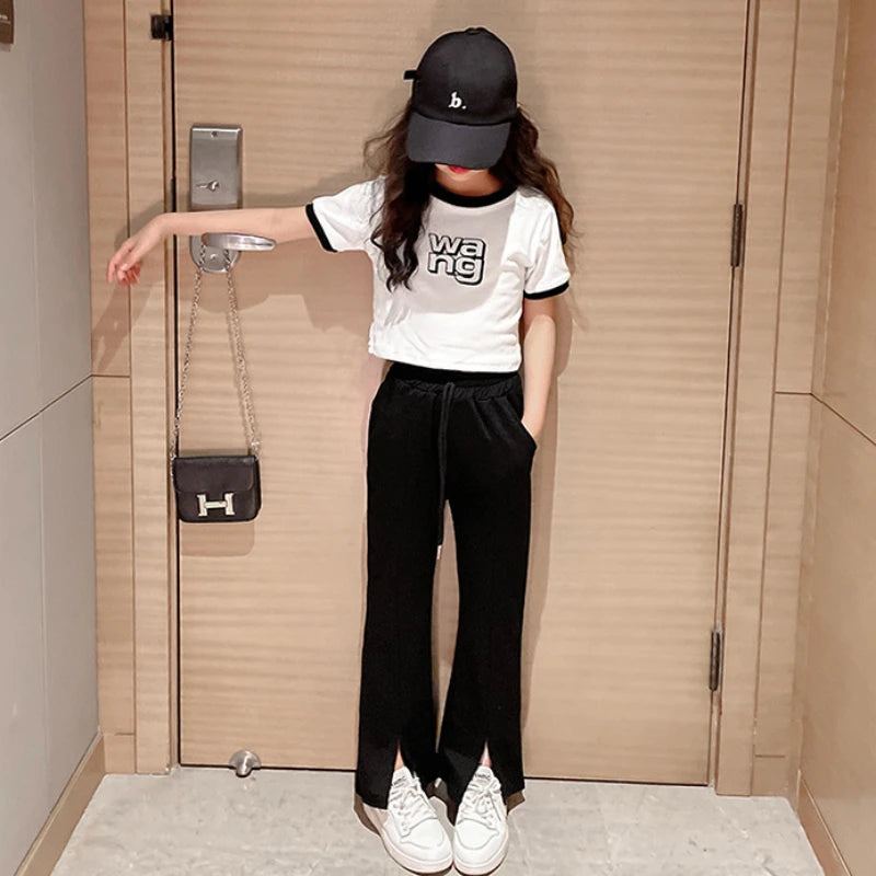 Fashion Girls Clothes Outfit Summer Letter Top & Loose Pants 2 Pieces Set  Teenage Girl Trendy Tracksuit Bell-bottom Trousers