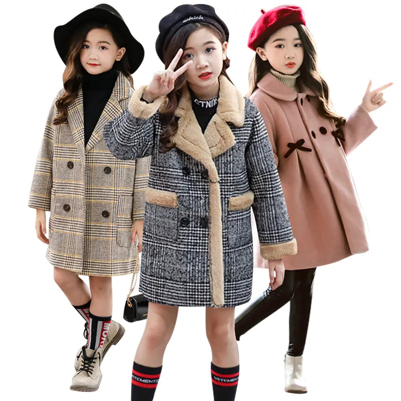 2024 Autumn Winter Girls Hairy Coat Fashion Design Long Coat for Girls Kids Outerwear Grid pattern 4 to 12 years old