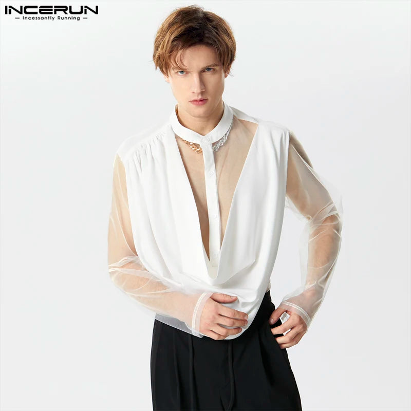 مجموعة اروين التجارية ARWEN&AJH GROUP  2024 European  2024 Men's Irregular Shirt Mesh Patchwork Stand Collar  Long Sleeve  Transparent Fashion Men Clothing