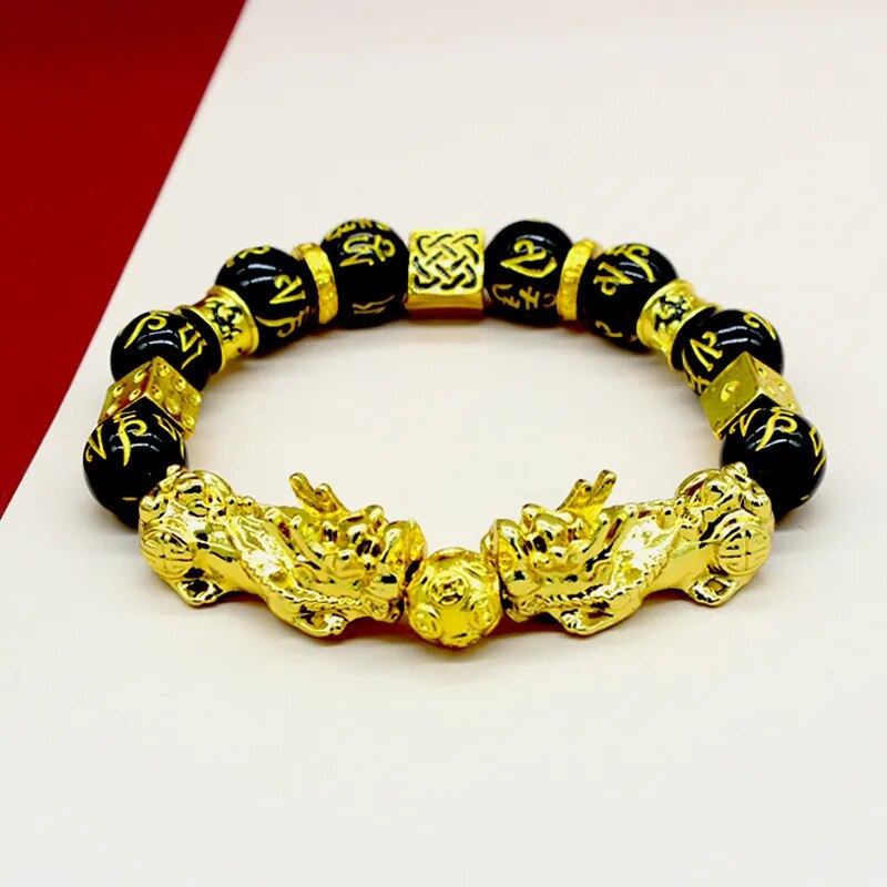 2PCS Feng Shui Black Obsidian Wealth Bracelets for Women Men Obsidian Stone Beads  Character Bracelet Lucky Jewelry