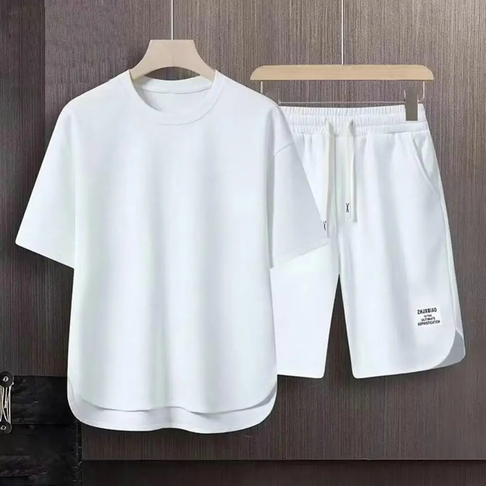 2Pcs/Set Men Summer Casual Outfit Short Sleeve T-shirt Elastic Drawstring Waist Wide Leg Shorts Set Activewear Set 남자 운동복 세트