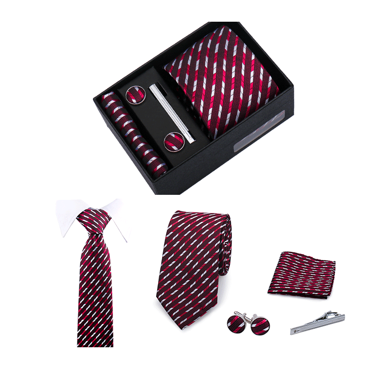 Fashion Elegant Men's Necktie Gift Box Striped Tie Handchief Cufflink Tie Clip 4 pcs Set Wedding Business Party Suit Accessories