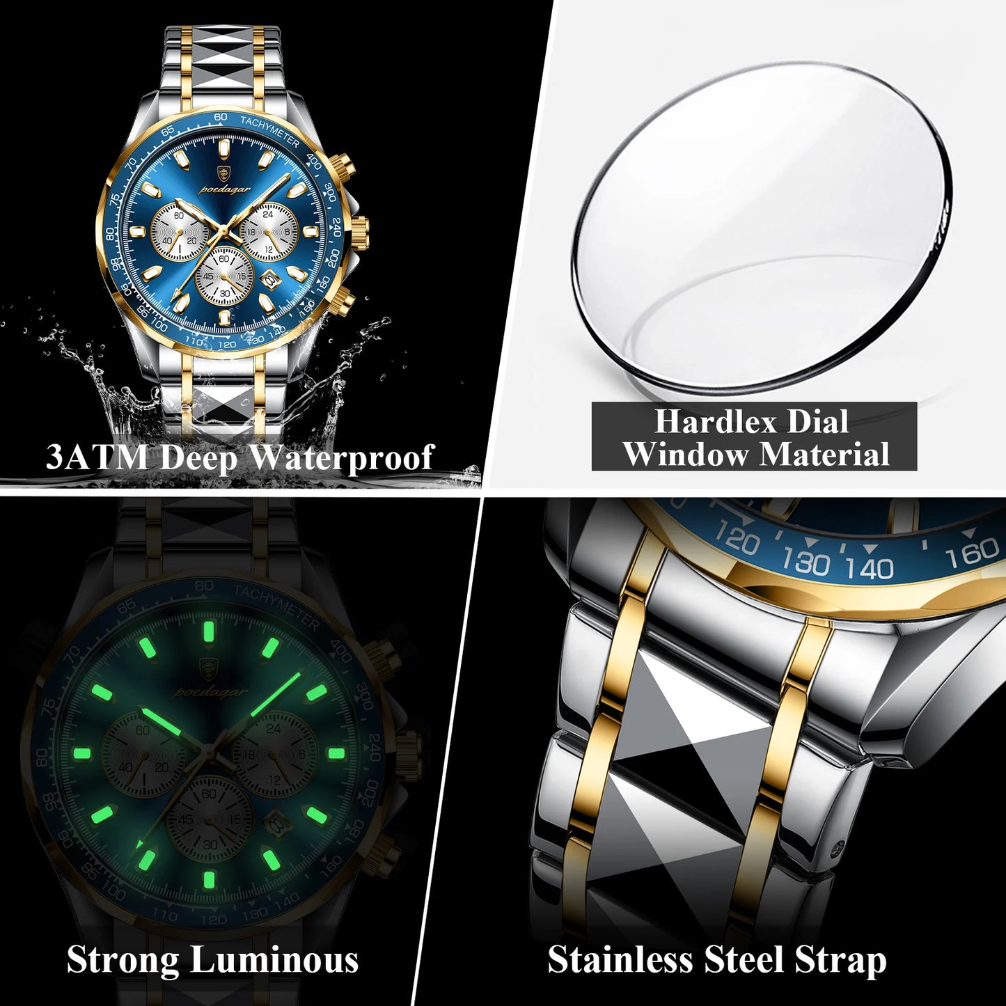 POEDAGAR Luxury Sports Watch Men Quartz Waterproof Luminous Date Chronograph Men's Watches Stainless Steel Man Watch Male Clock