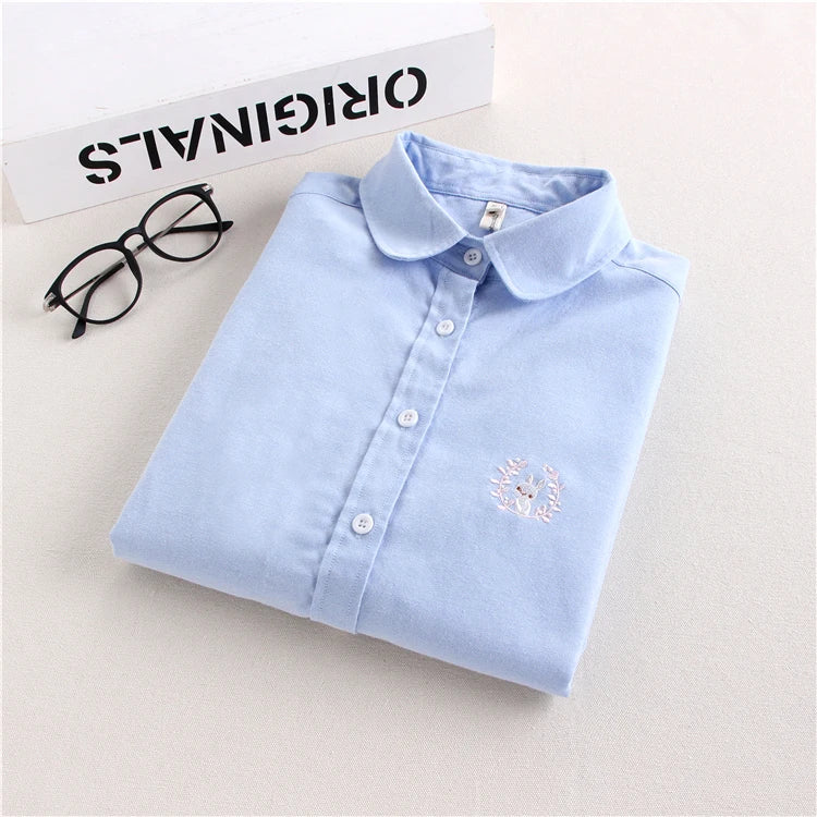 ARWEN AJH Brand Women Blouses Shirts 2024 New White Blue Casual Style Embroidery Long Sleeve Shirts Female Tops Art Style Blusas Blouse