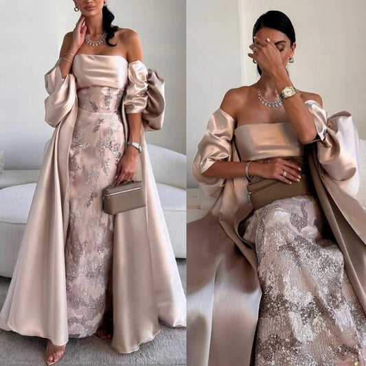 Elegant Off-the-shoulder Sheath Floor Length Evening Dresses Beading Satin Formal Occasion Gown vestidos para mujer elegantes