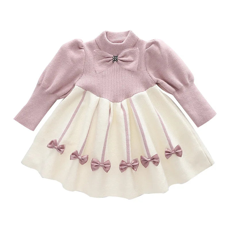 Autumn Winter 2024 Toddler Girl Dress Loose Fleece Warm Round Collar Knotbow Baby Girl Dress Knitted Little Girls Princess Dress