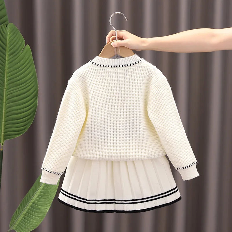 Little Girls Autumn Winter 2PCS Clothes Set Cotton Knotbow Pearls Cardigans Outfits Loose Knitted Pleated Skirts Kids Girl Suits