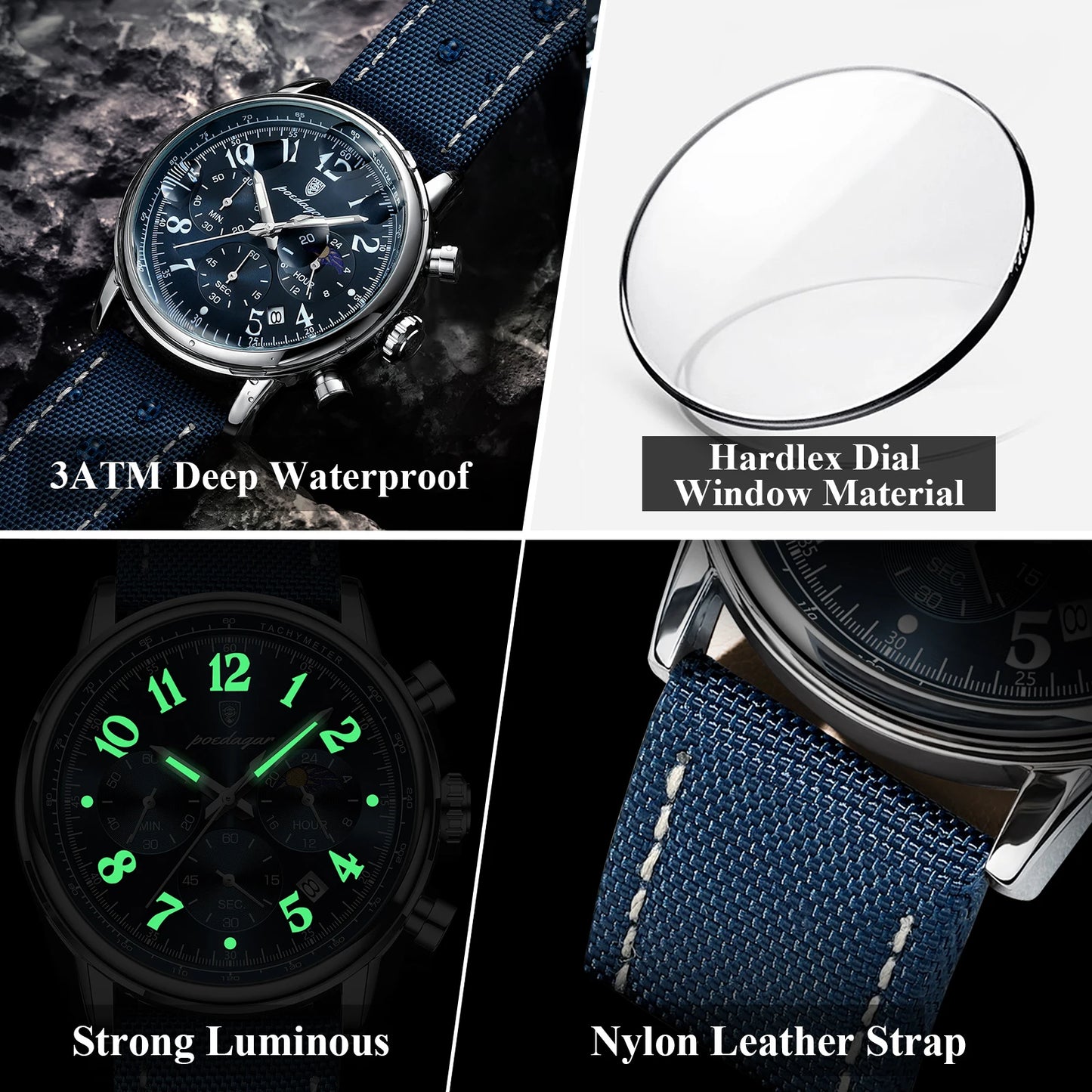 POEDAGAR Luxury Military Sports Watch for Man Waterproof Luminous Chronograph Date Men's Watches Quartz Nylon Leather Men Clock