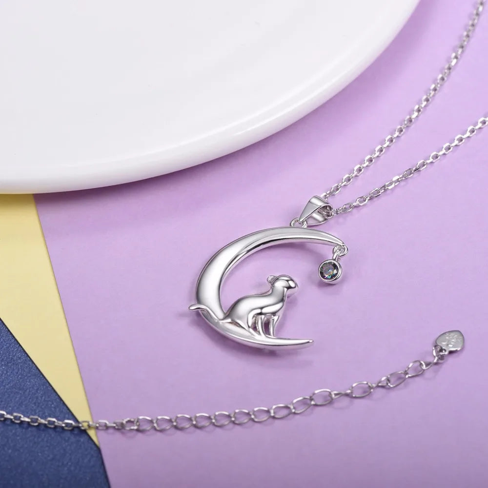 ARWEN & AJH GROUP  Authentic 100% 925 Sterling Silver Cat Moon Necklace Meditation Women Jewelry   Chain & Pendant Valentine Gift SC17