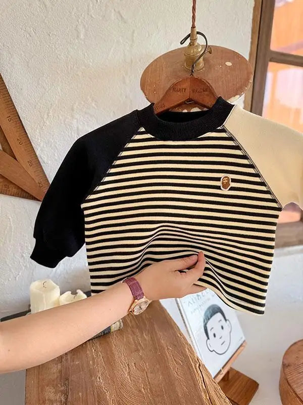 Autumn Winter Children Boy Striped Sweatshirt Cotton Spliced Long Sleeve Velvet Toddler Boy Pullovers Infant Baby Boy Undershirt