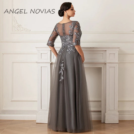 Long A Line Grey Mother of the Bride Dress with Half Sleeves Wedding Party Dress Robe Pour Ceremonie De Mariage 77086