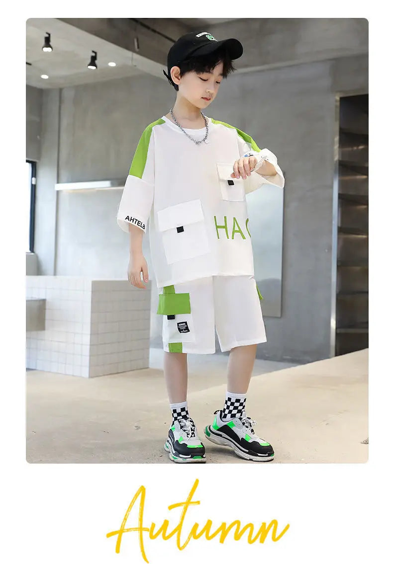 Summer Teenage Boy Short Sleeve Clothes Set Children Letter Print Top and Bottom 2 Pieces Suit Kid T-shirts Shorts Tracksuit