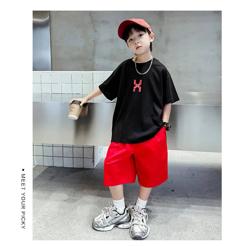 Junior Boy Summer Short-sleeved Suit Loose T-shirt + Shorts Sports Two-piece Suit Trendy Loungewear Outfit Children's Set