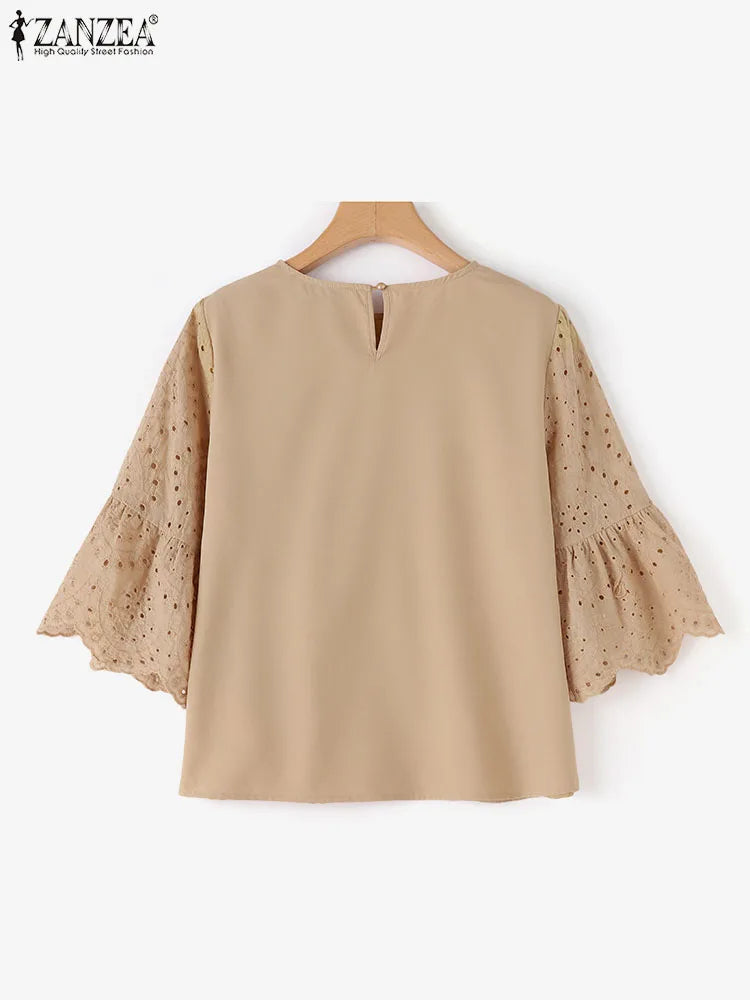 مجموعة اروين ARWEN GROUP AJH 2024   Bohemian Lace Crochet Blouse ZANZEA Women Summer 3/4 Sleeve Holiday Shirt Elegant Work Tops Casual Patchwork Blusas Female Tunic