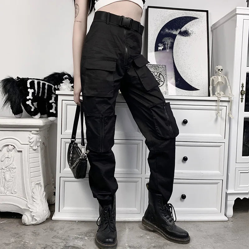 مجموعة اروين arwen&ajh group 2024  Joggers Ribbons Pants Black cargo slacks high waist sports pants Streetwear Hip Hop Casual Overalls Trousers Cool Safari Style