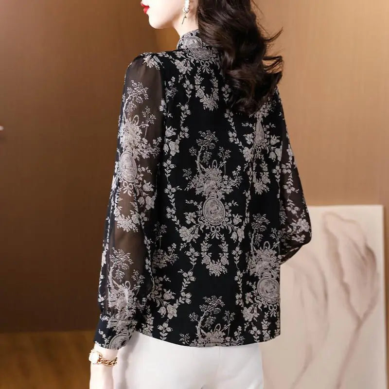 Spring and Autumn Women's Turn Down Collar Loose Long Sleeve Single Treated Printed Blouse Fashion Casual Office Lady Tops