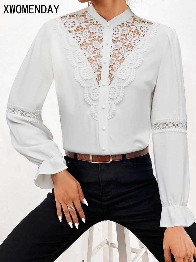 ARWEN & AJH GROUP Women Long Sleeve Lace Shirts,Womans Clothing,Shirts & Blouses,Shirts For Women,Tops Woman 2024,Korean Tops,Camisas De Mujer