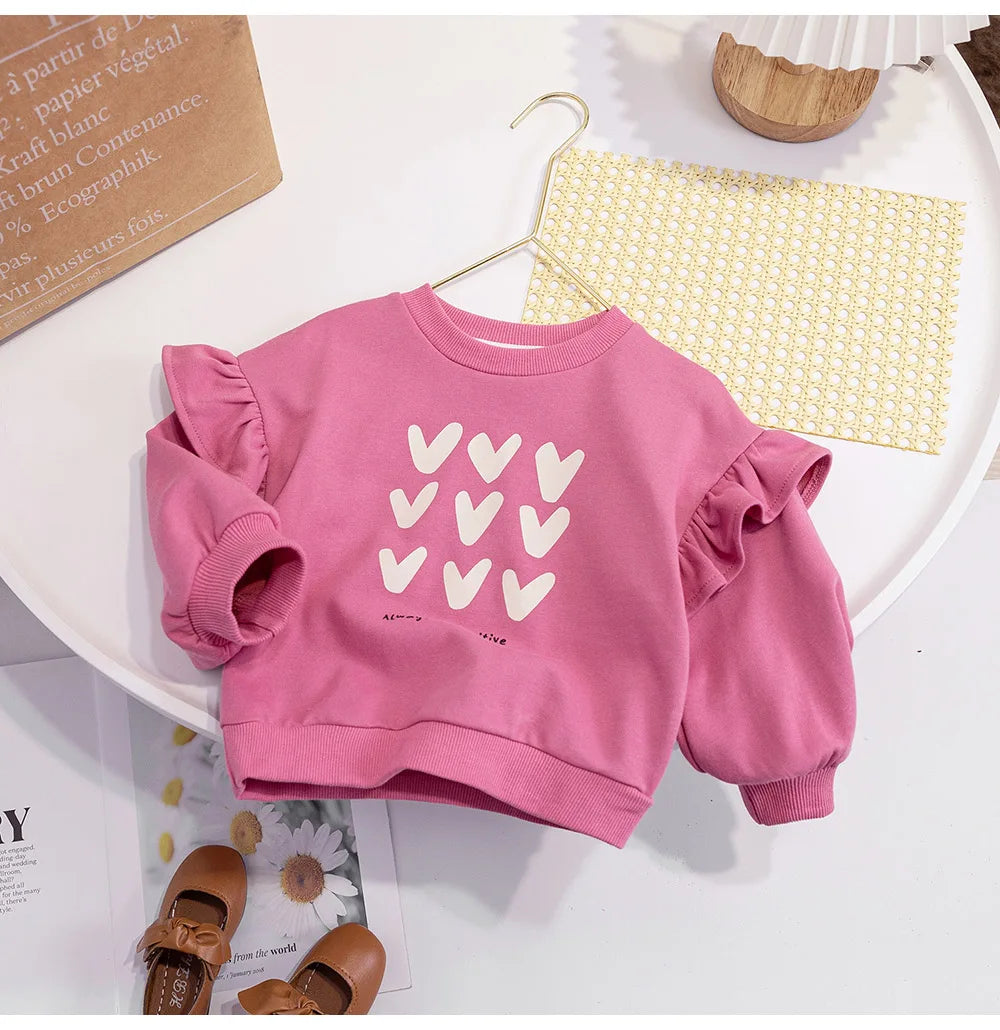 Cute Baby Girls Tops Sweatshirt Love Pattern Ruffles Long Sleeve O-Neck Pullover Kids Shirts Casual Loose Hoody Children Clothes