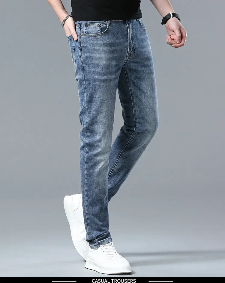 Free Shipping Slim Fit Men's Jeans Straight Leg Europe Trendy Brand Fashionable Washing Long Pants Casual Scene