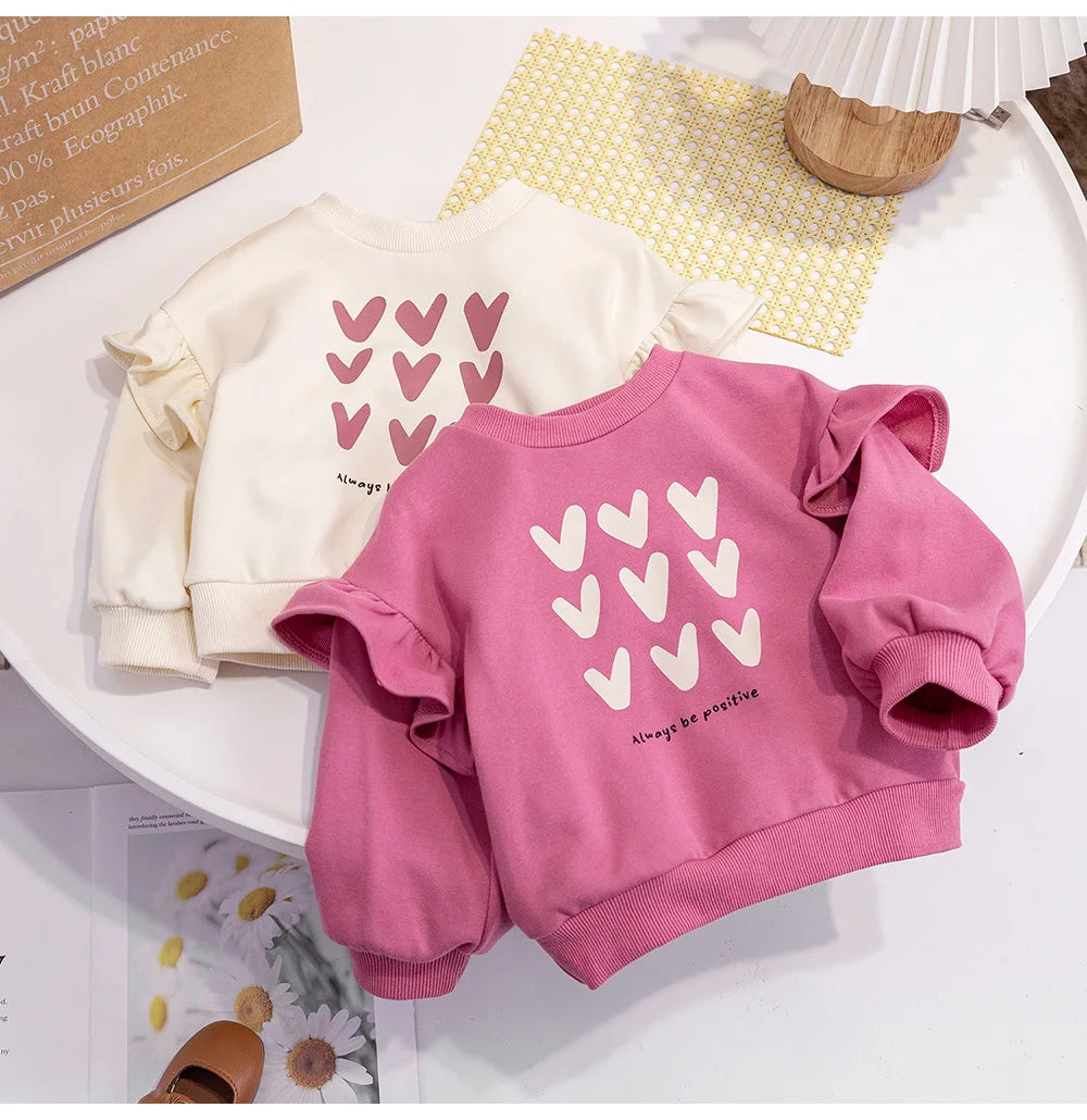 Cute Baby Girls Tops Sweatshirt Love Pattern Ruffles Long Sleeve O-Neck Pullover Kids Shirts Casual Loose Hoody Children Clothes